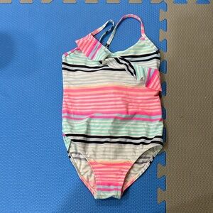Kids Pink & Mint Striped Ruffle One-Piece Swimsuit